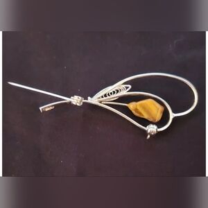 Vintage Silver Brooch with Filagree Leaf and Tiger Eye stone